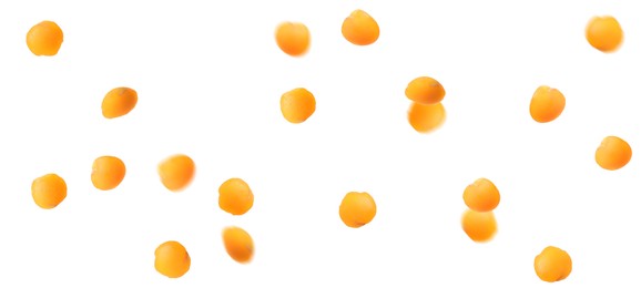 Image of Many lentils falling on white background, banner design. Vegan diet 