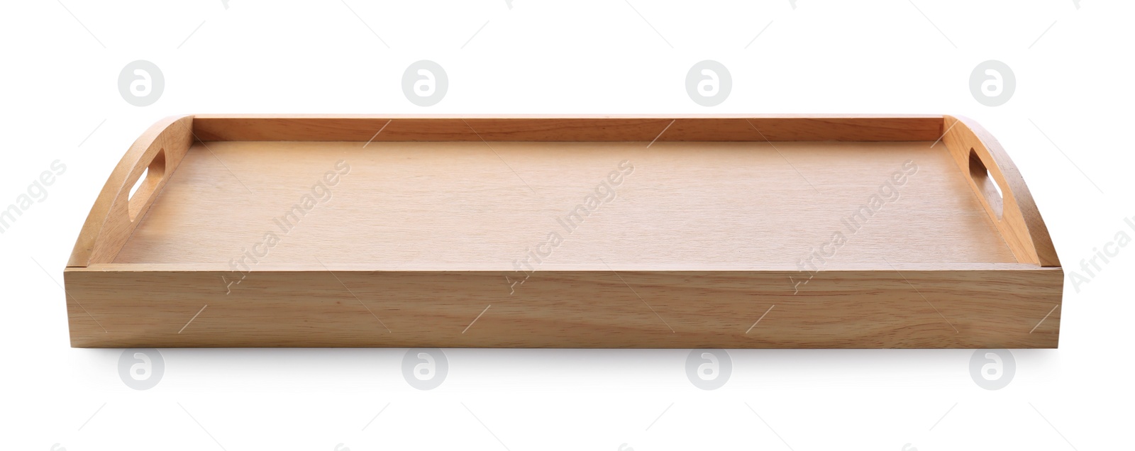 One empty wooden tray isolated on white Photo of One empty wooden tray isolated on white