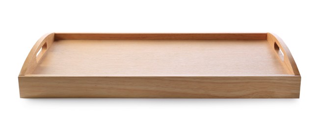 Photo of One empty wooden tray isolated on white
