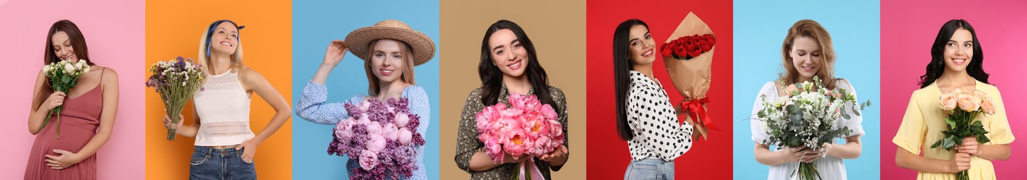 Image of 8 March - Happy Women's Day. Charming ladies with beautiful flowers on different colors backgrounds, collage