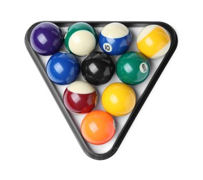 Photo of Plastic rack with billiard balls on white background, top view