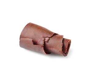 Photo of Yummy chocolate curl for decor on white background