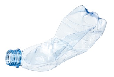 Photo of Crumpled disposable plastic bottle isolated on white