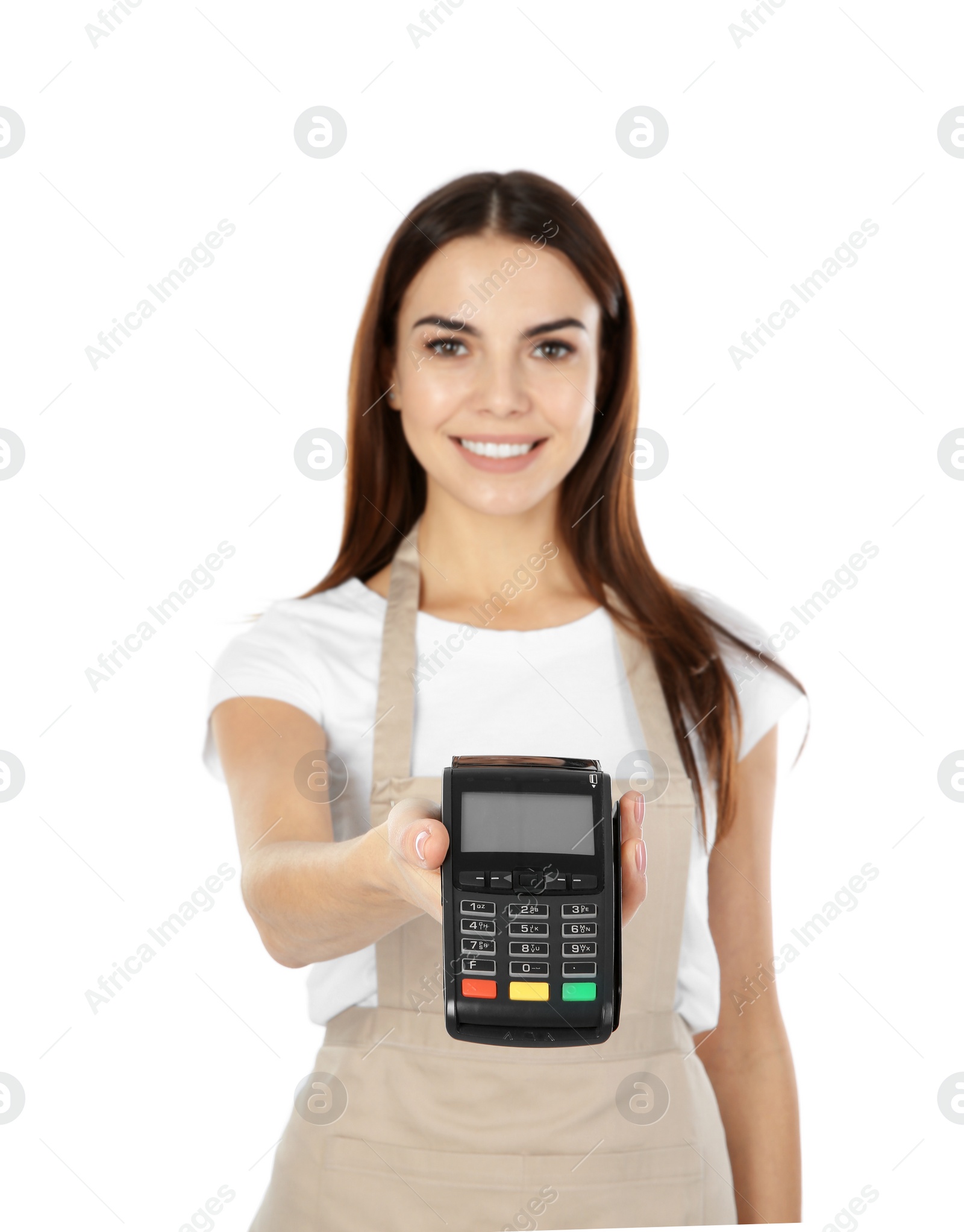 Photo of Waitress with terminal for contactless payment on white background