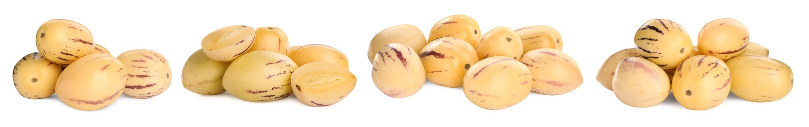 Image of Set with fresh ripe pepino fruits on white background. Banner design