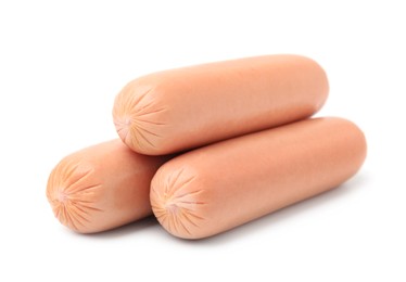 Photo of Many delicious boiled sausages on white background