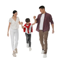 Photo of Little boy with his parents together on white background