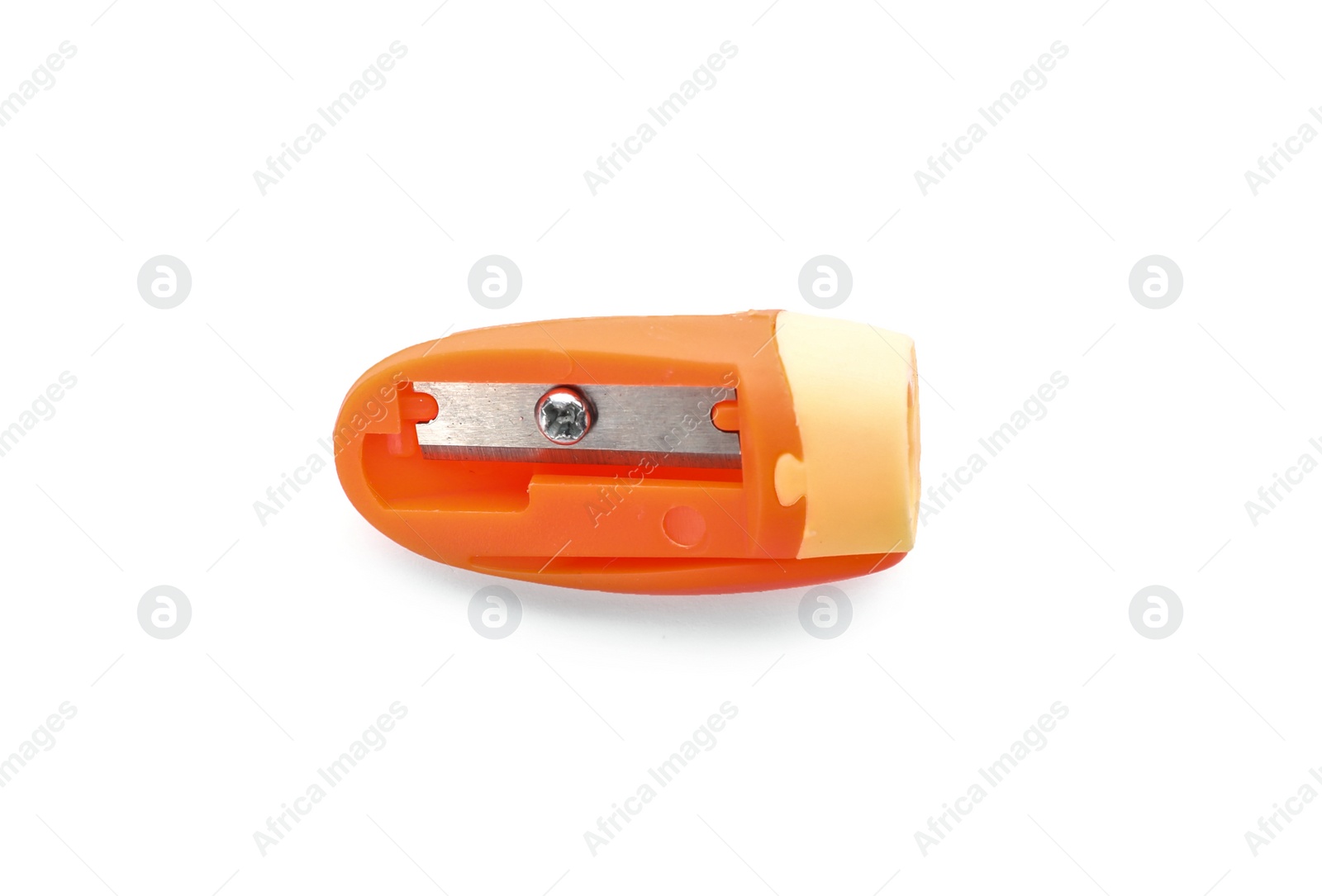 Photo of Pencil sharpener on white background. Stationery for school