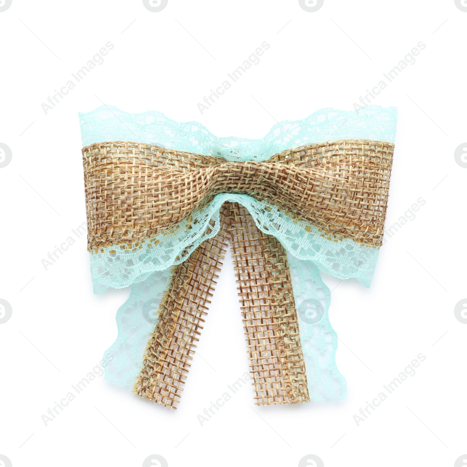 Photo of Pretty burlap bow with light blue lace isolated on white