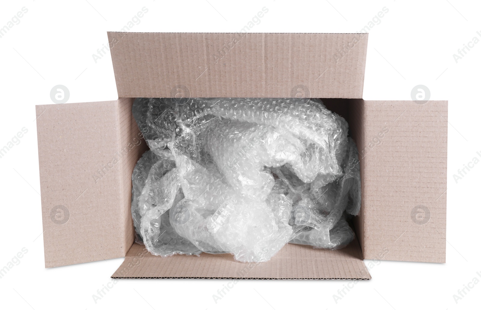 Photo of Transparent bubble wrap in cardboard box isolated on white