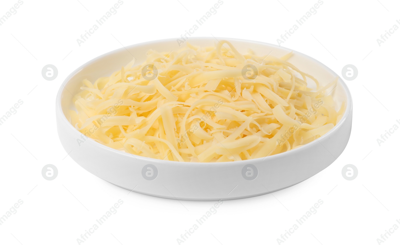 Photo of Plate with tasty grated cheese isolated on white