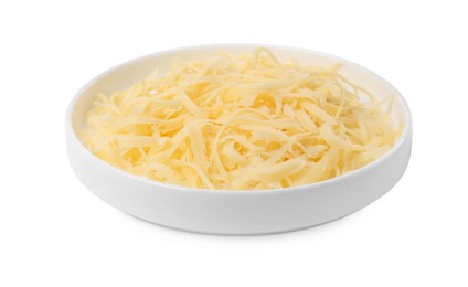 Plate with tasty grated cheese isolated on white