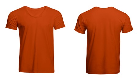 Image of Front and back views of orange men's t-shirt on white background. Mockup for design