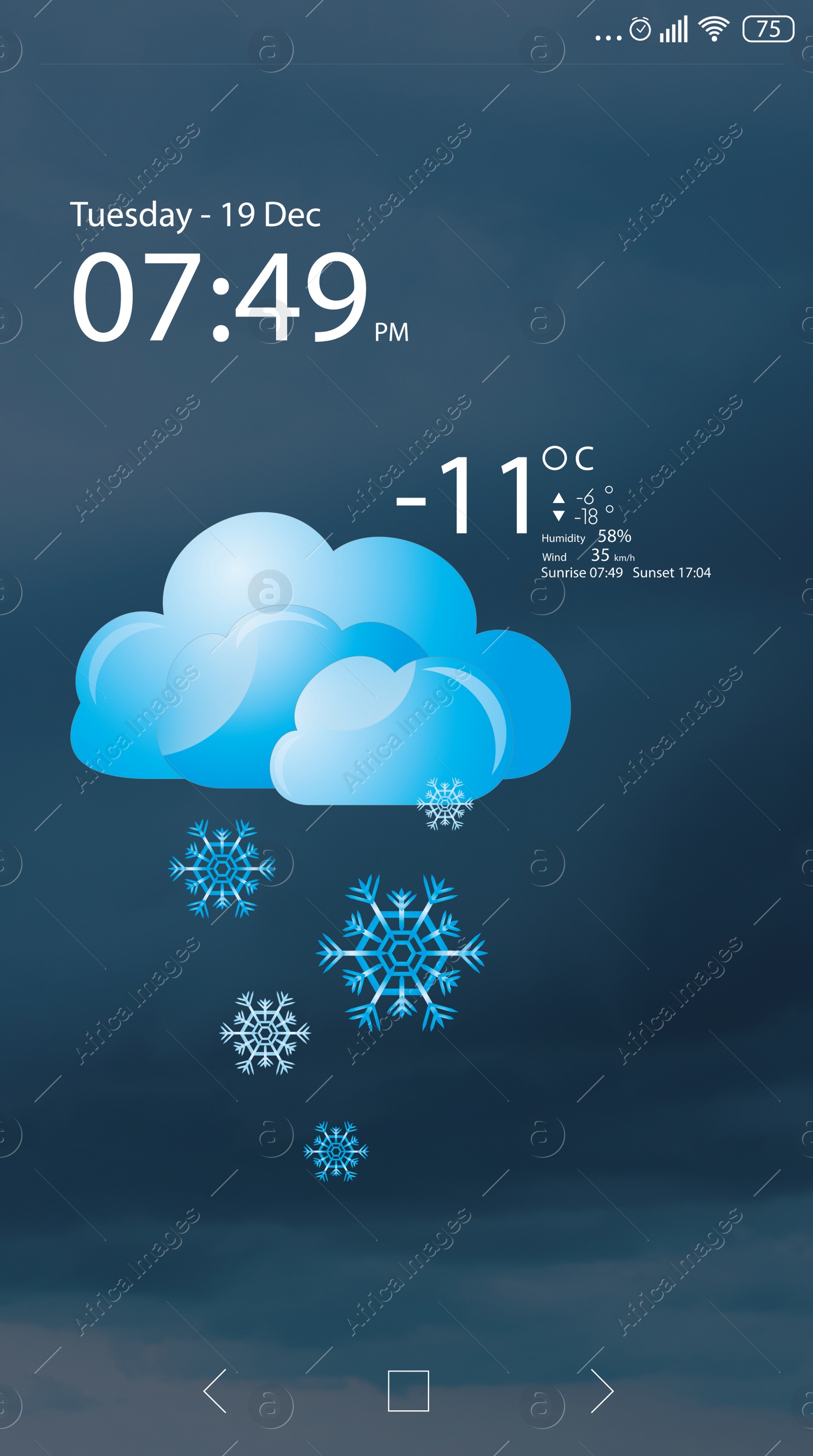 Image of Weather forecast widget on screen. Mobile application