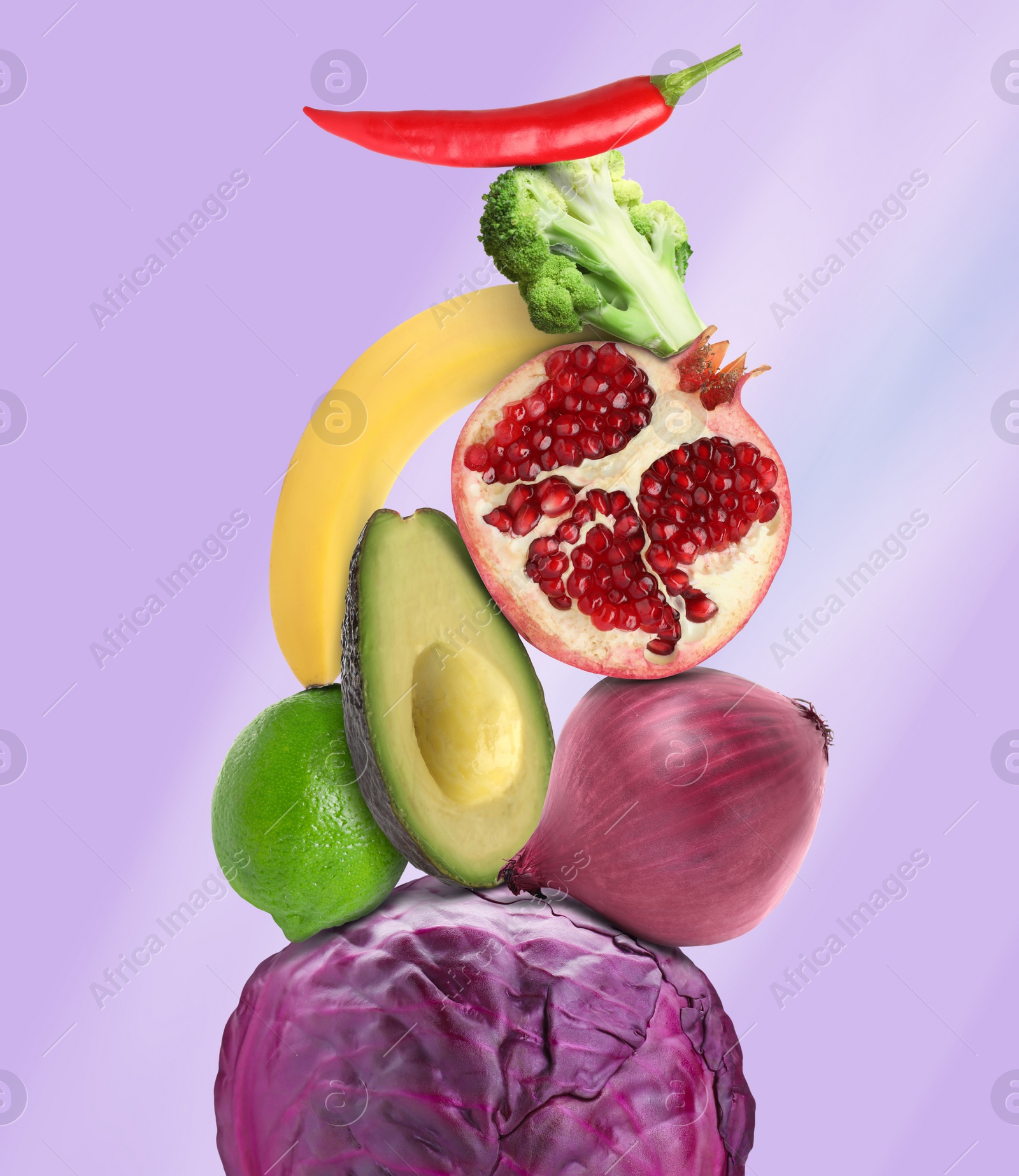 Image of Stack of different vegetables and fruits on pale violet background