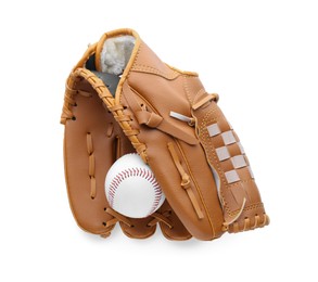 Leather baseball glove with ball isolated on white, top view