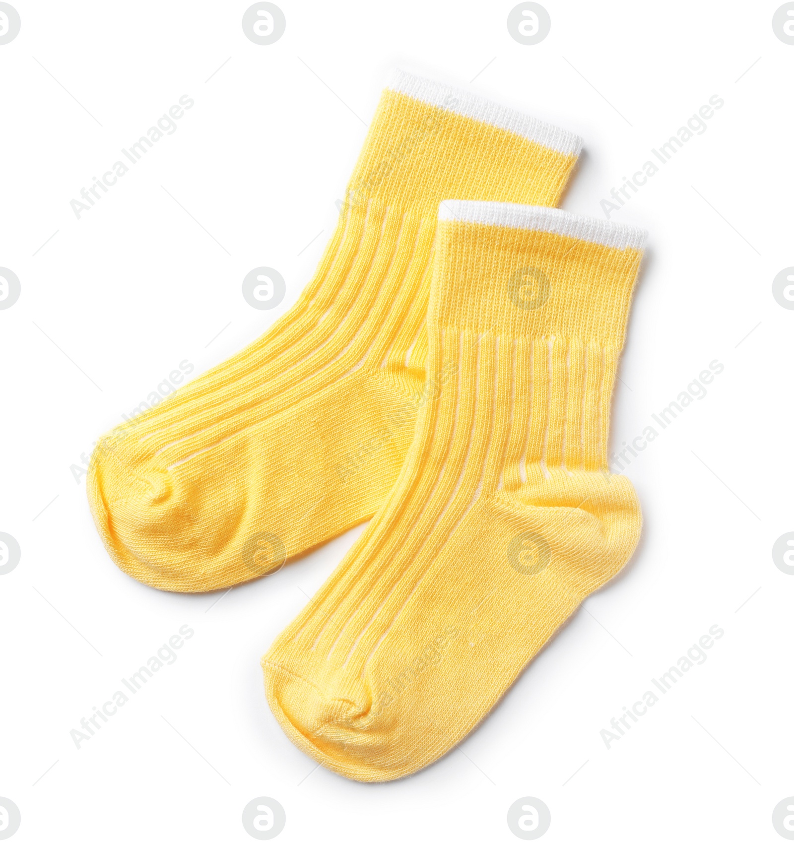 Photo of Cute child socks on white background, top view