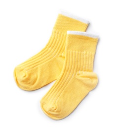 Photo of Cute child socks on white background, top view