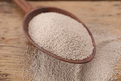 Photo of Spoon with active dry yeast on wooden table, closeup