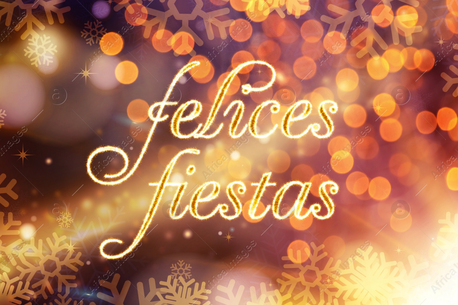 Illustration of Felices Fiestas. Festive greeting card with happy holiday's wishes in Spanish on bright background