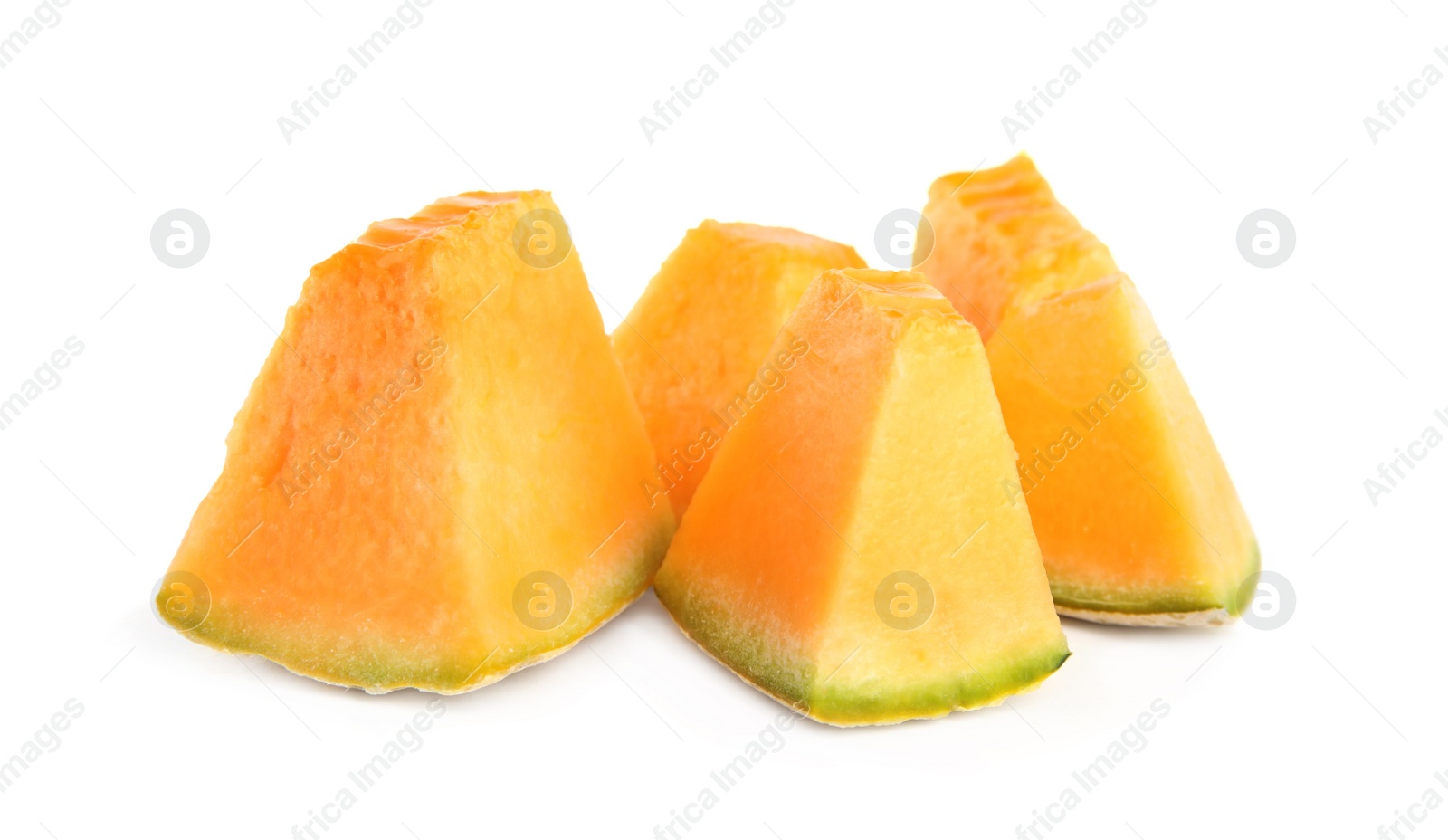 Photo of Pieces of tasty fresh melon isolated on white