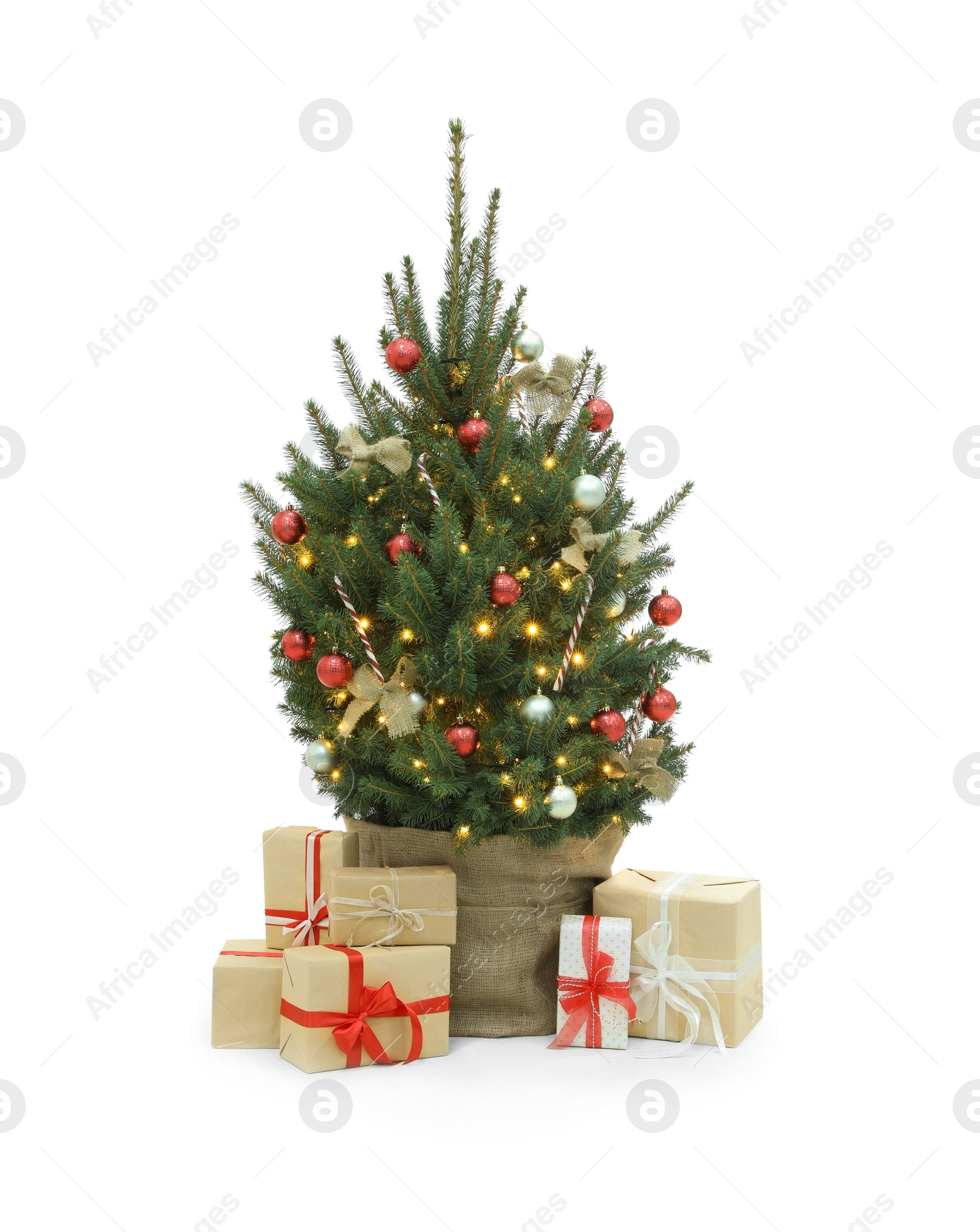 Photo of Beautiful decorated Christmas tree and gift boxes on white background