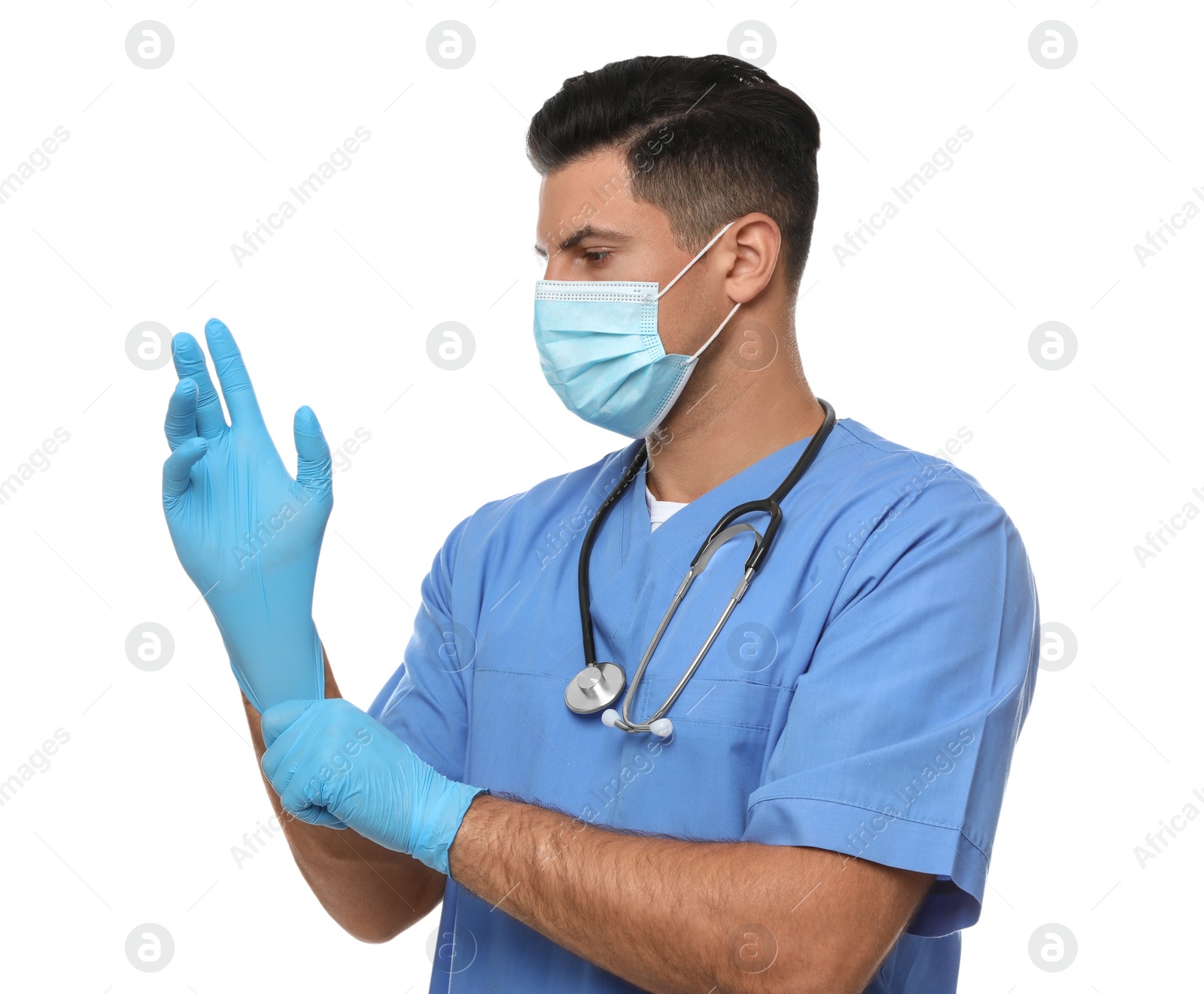 Photo of Doctor in protective mask putting on medical gloves against white background