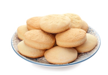 Photo of Plate with cookies for Islamic holidays isolated on white. Eid Mubarak