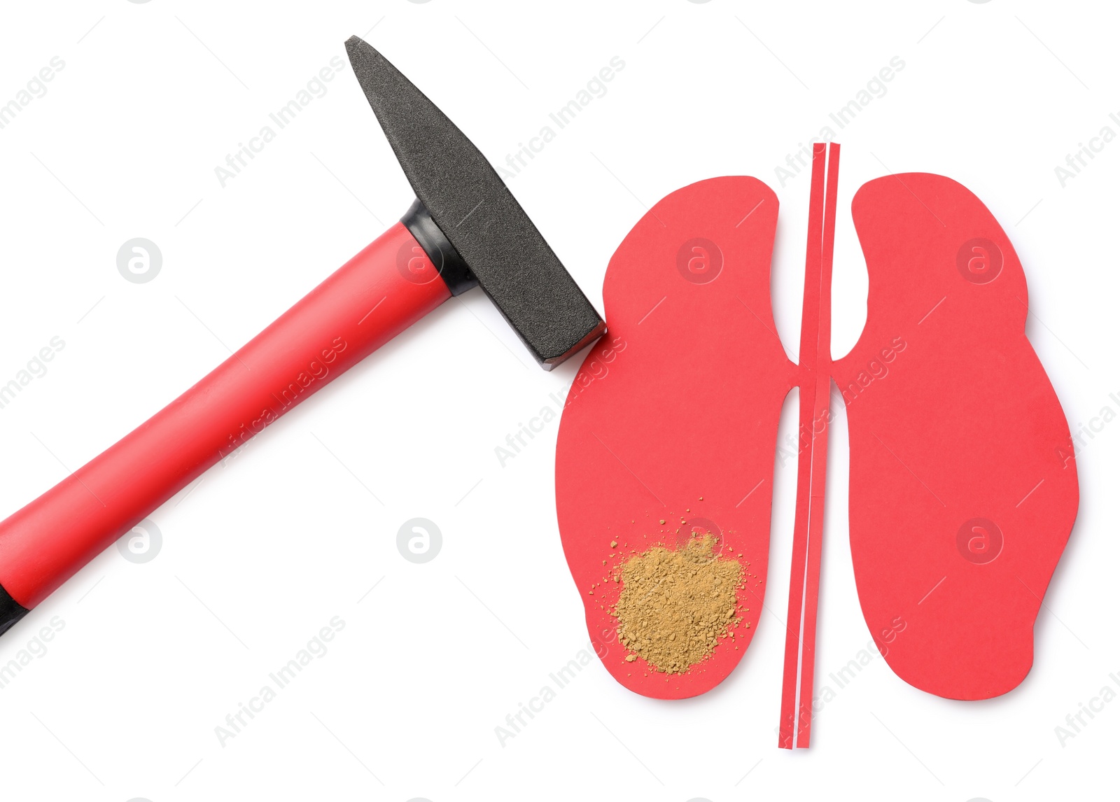 Photo of Paper cutout with sand and hammer on white background, top view. Kidney stone disease