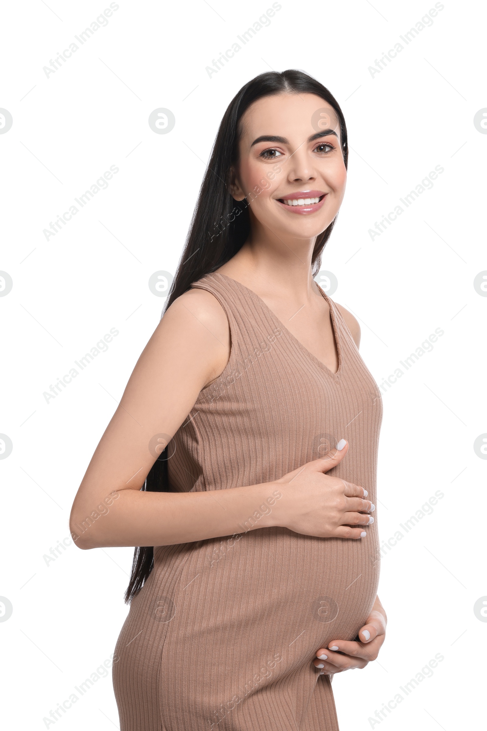 Photo of Portrait of beautiful pregnant woman isolated on white