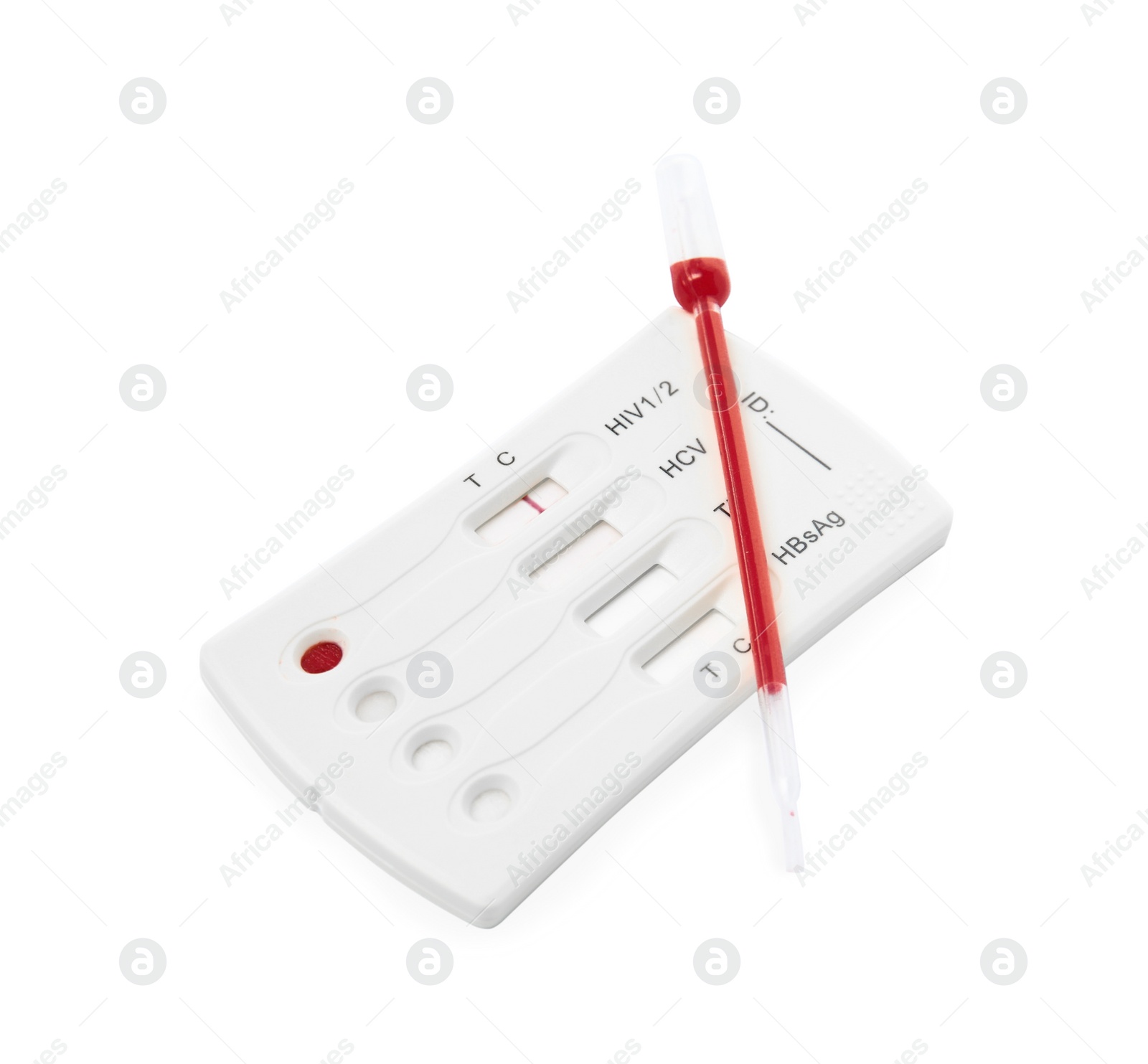 Photo of Disposable express hepatitis test kit on white background