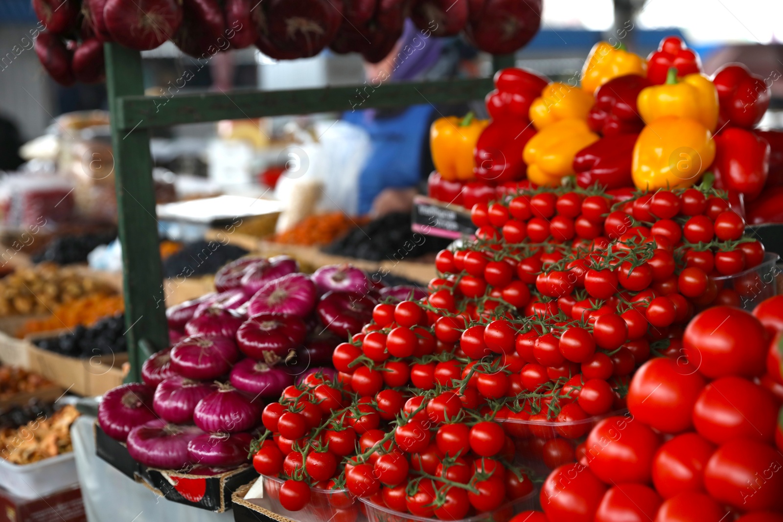 Photo of Fresh ripe vegetables on counter at wholesale market