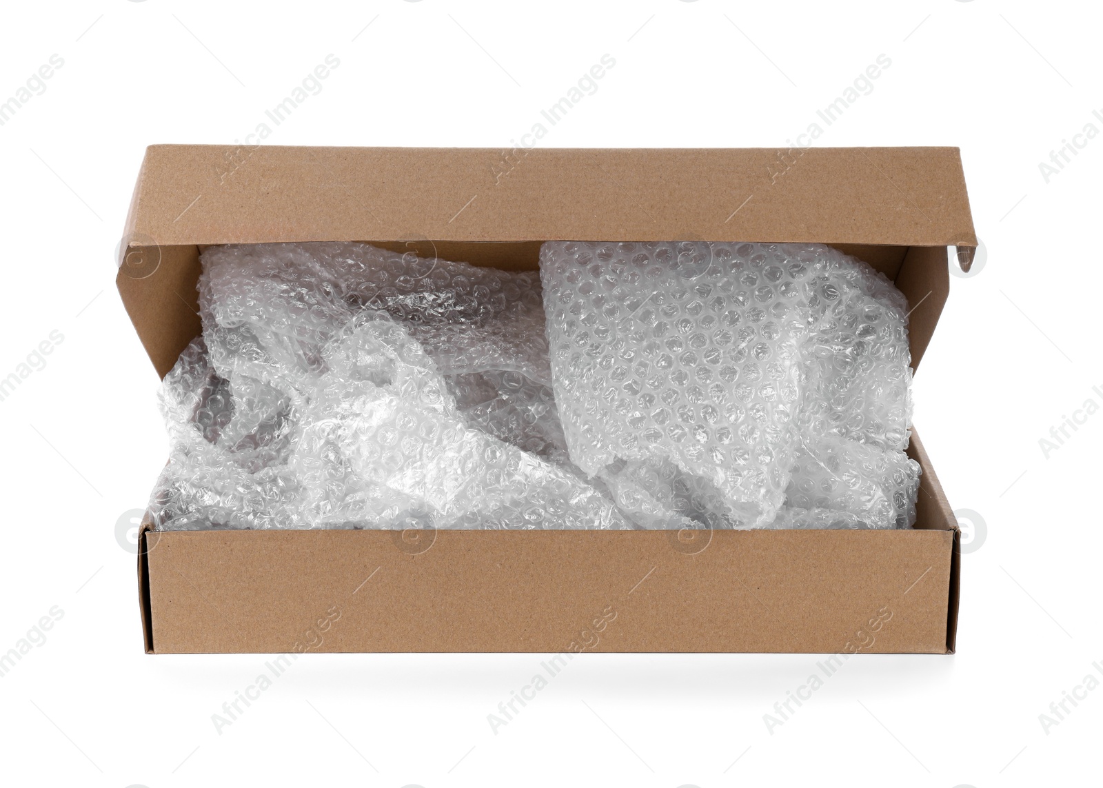 Photo of Transparent bubble wrap in cardboard box isolated on white