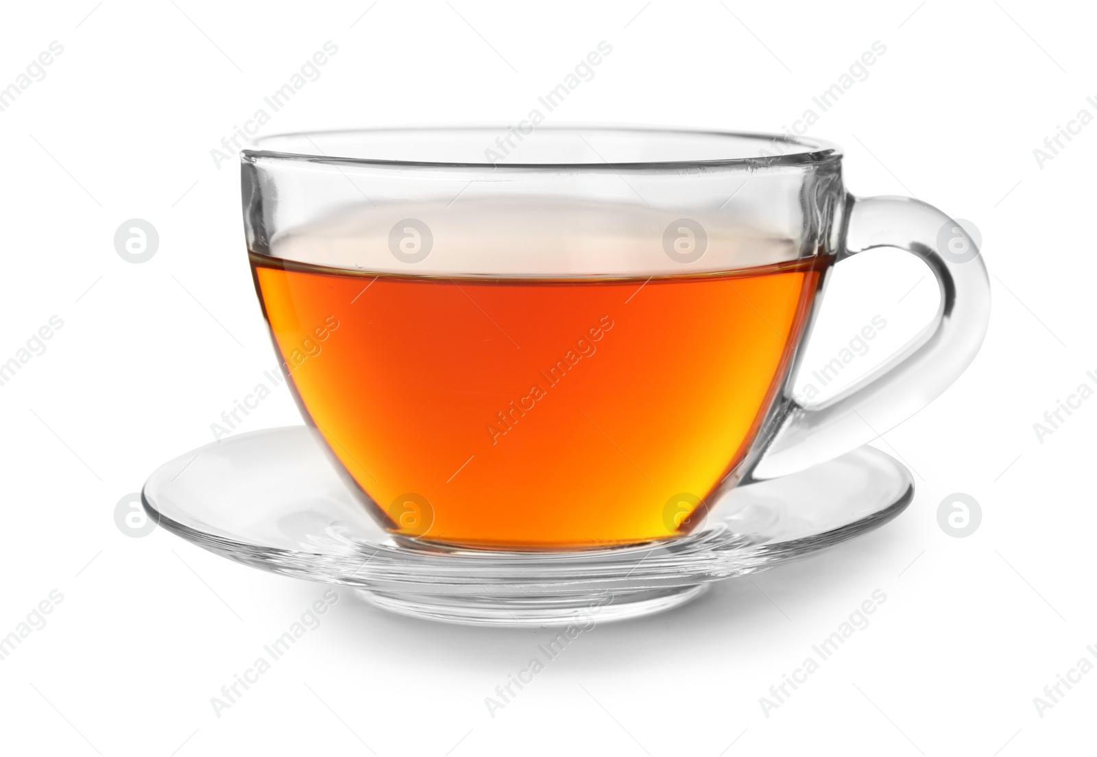 Photo of Glass cup of hot aromatic tea on white background