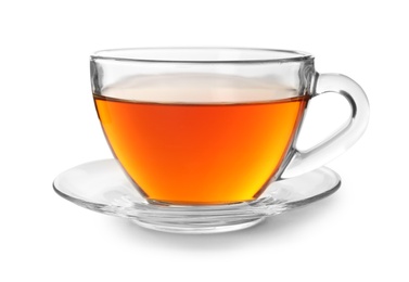 Photo of Glass cup of hot aromatic tea on white background