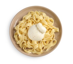 Photo of Delicious pasta with burrata cheese isolated on white, top view