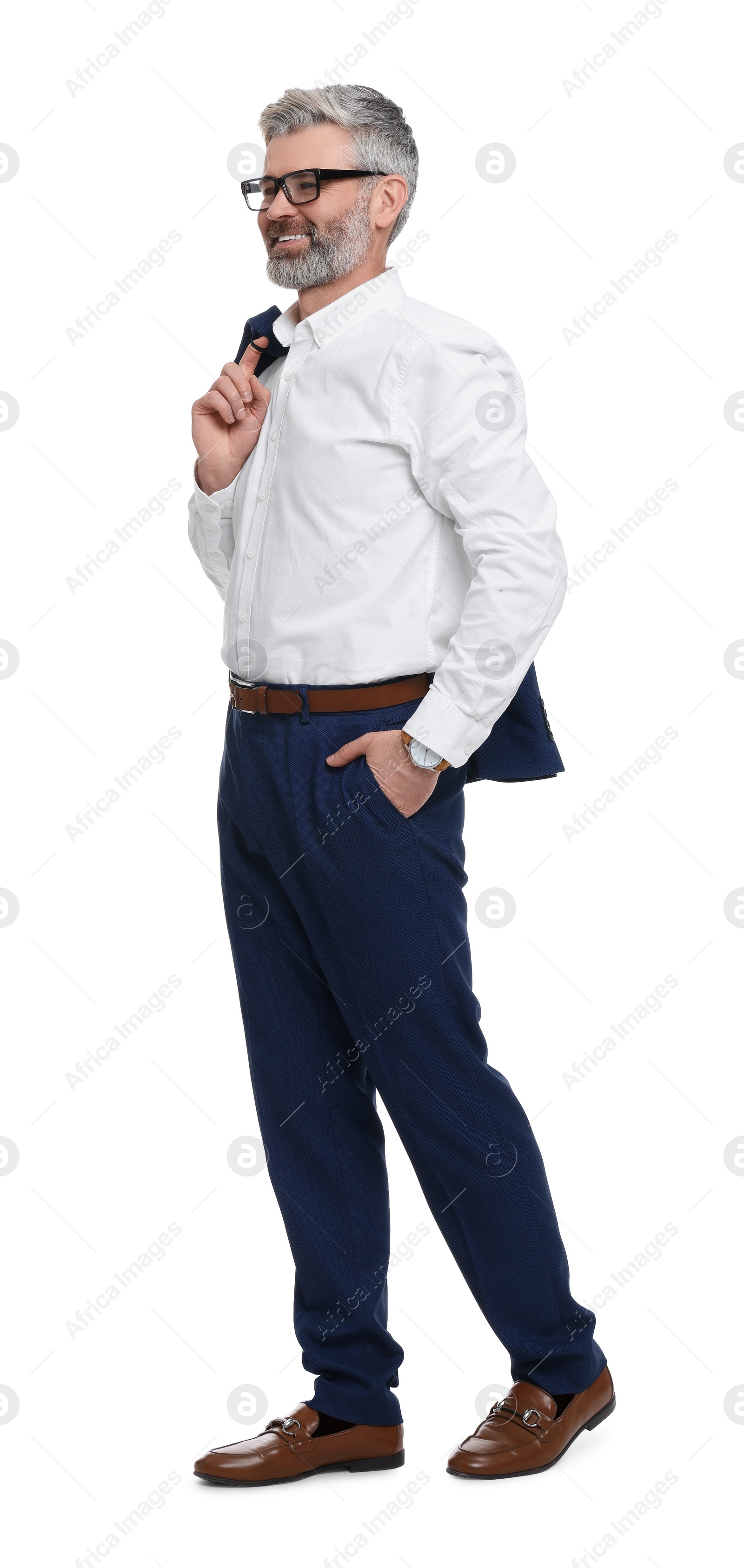 Photo of Mature businessman in stylish clothes posing on white background