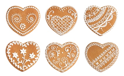 Set of Christmas gingerbread heart shaped cookies on white background