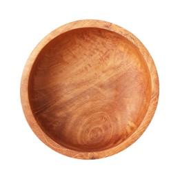 Photo of Beautiful empty wooden bowl isolated on white, top view