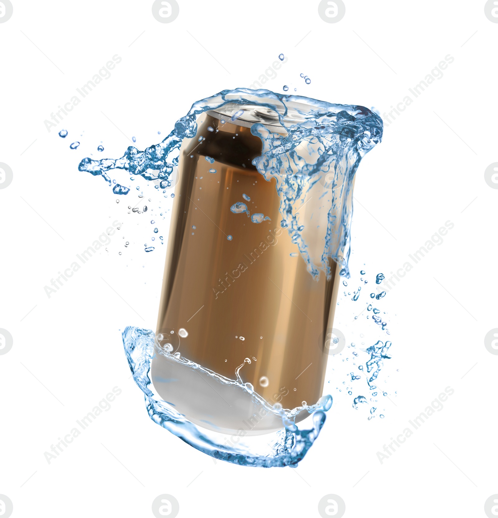 Image of Golden aluminum can with splash of water on white background