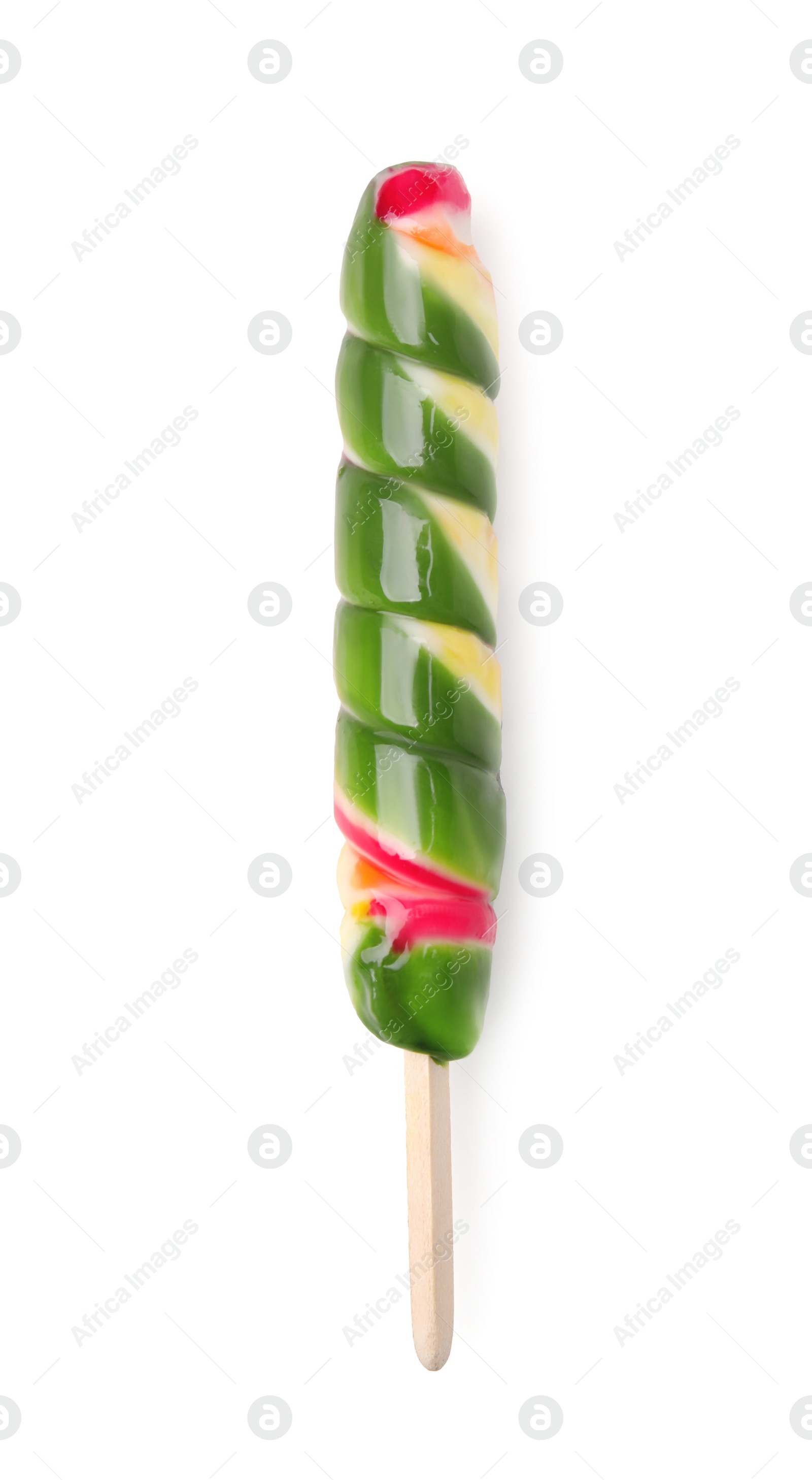 Photo of Colorful lollipop isolated on white, top view