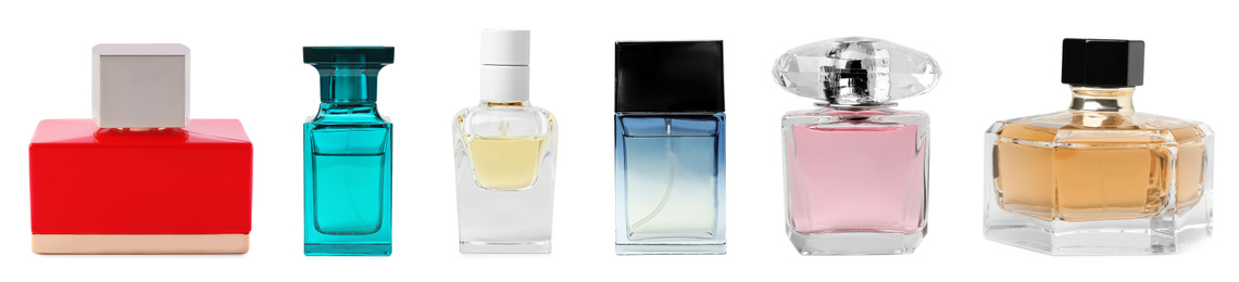 Image of Set with different bottles of perfume on white background, banner design 