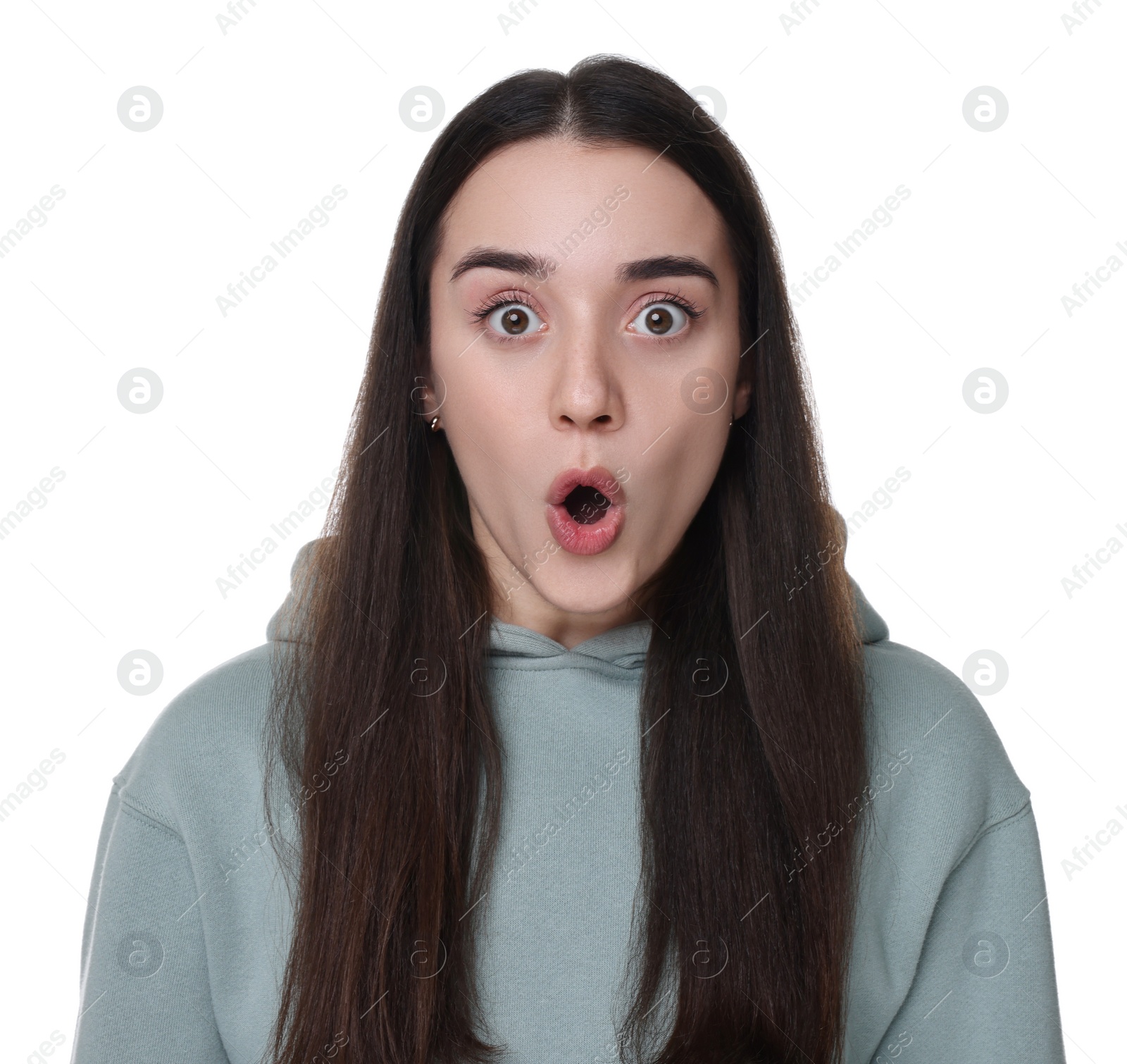 Photo of Portrait of surprised young woman on white background