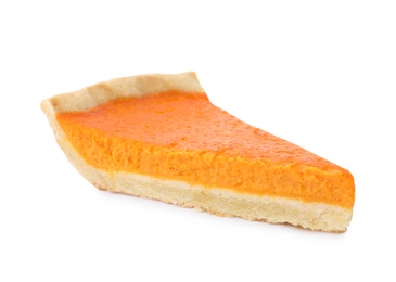Photo of Slice of delicious homemade pumpkin pie isolated on white