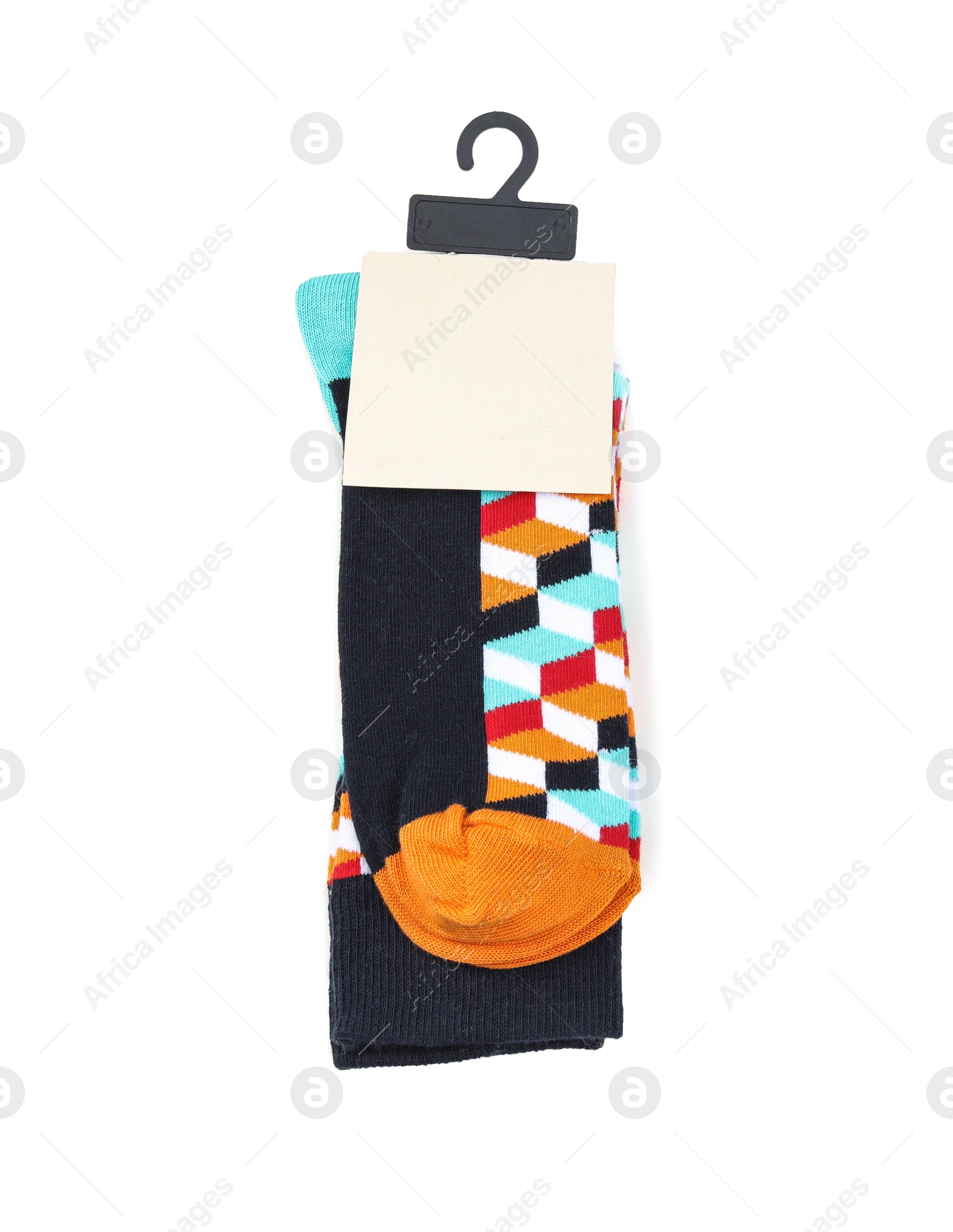 Photo of Colorful socks on white background, top view