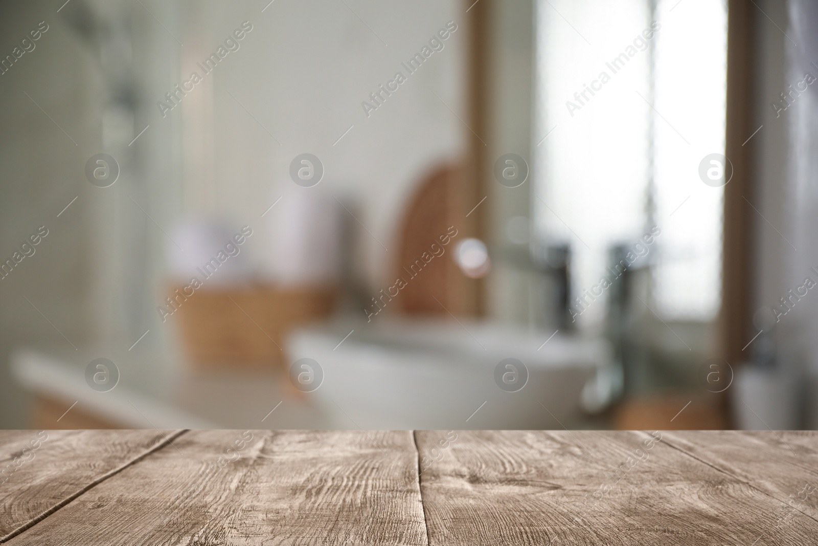 Image of Empty wooden table in bathroom. Space for text