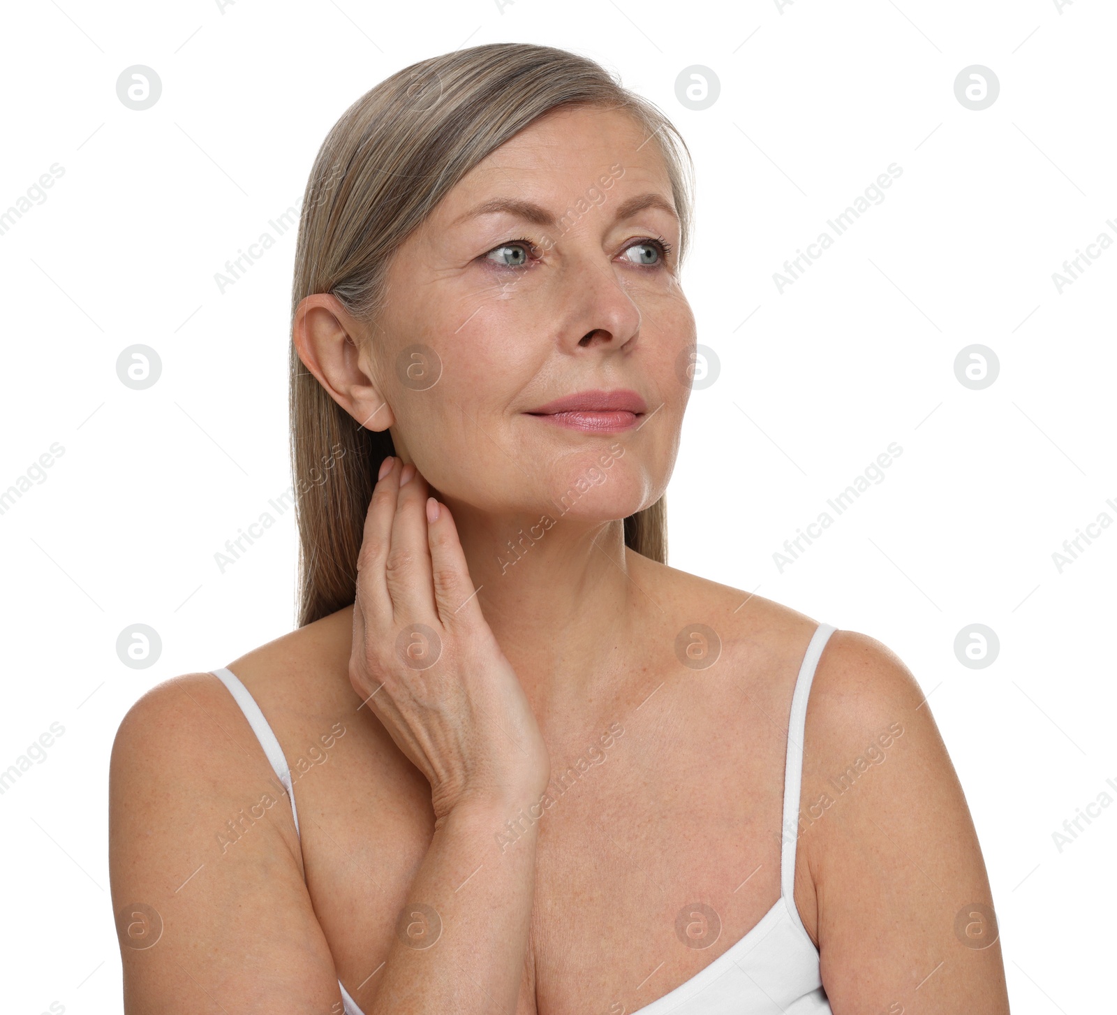 Photo of Beautiful woman touching her neck on white background