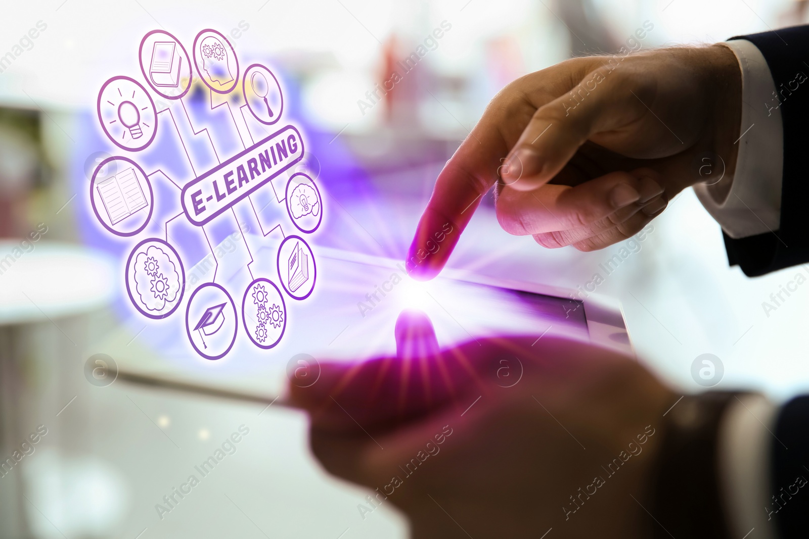Image of E-learning. Man using tablet on blurred background, closeup. Illustration of scheme with different icons