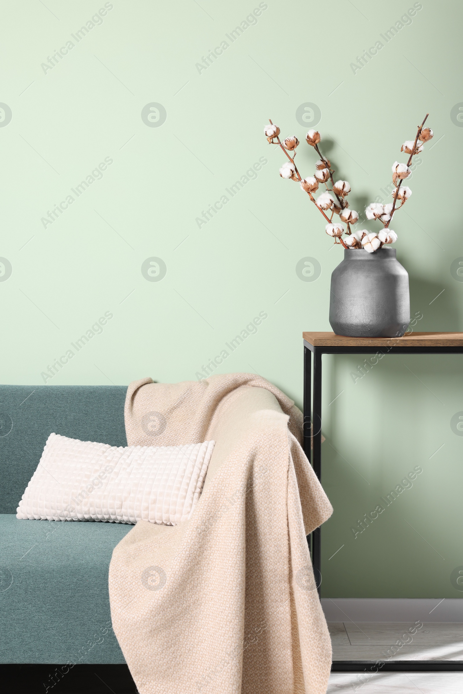 Photo of Branches with white fluffy cotton flowers on console table in cozy room. Interior design