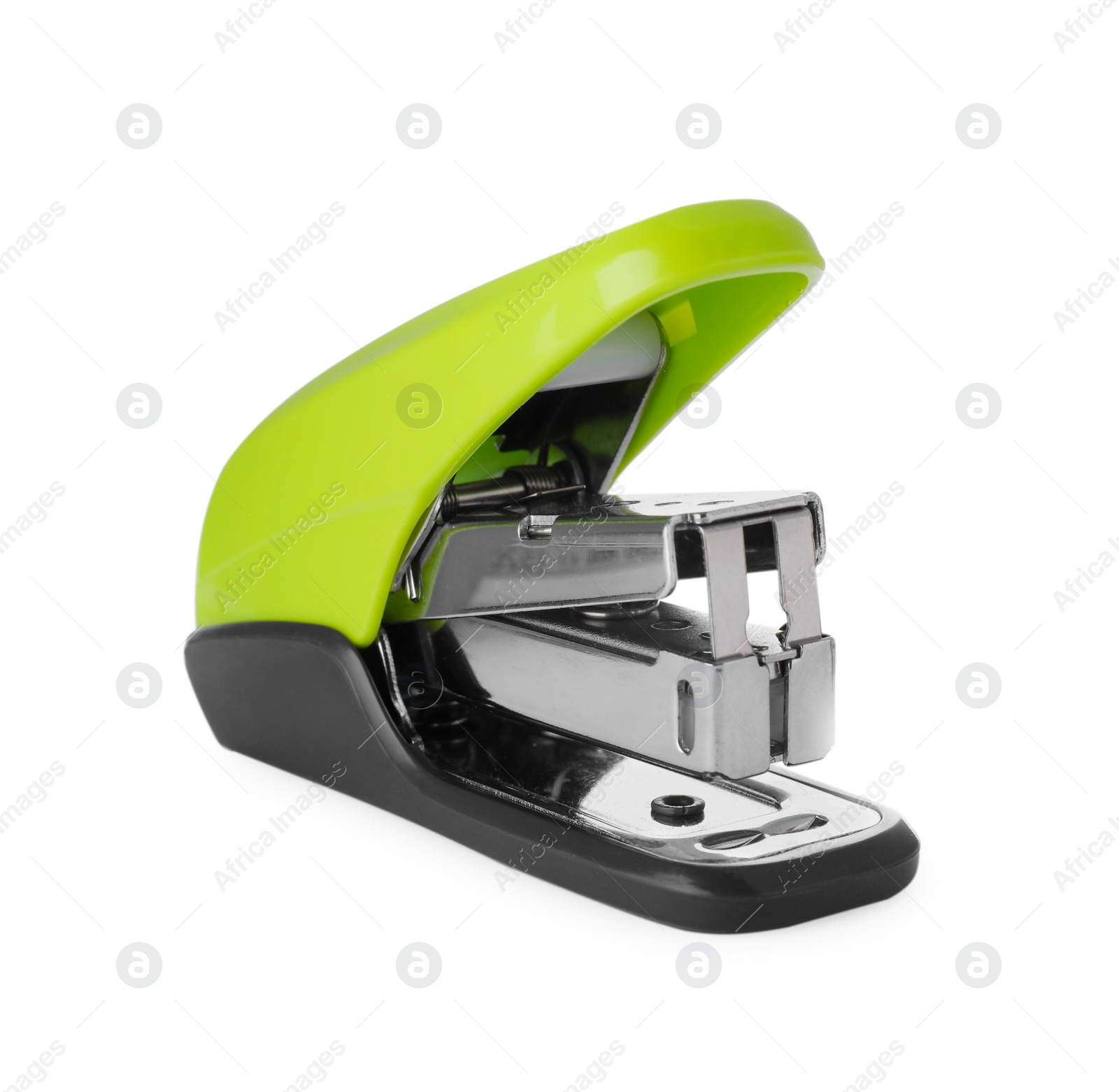 Photo of New bright green stapler isolated on white